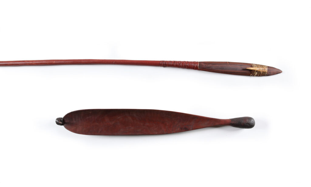 Irrtyarte (throwing spear) and amirre (woomera) - Painting - Clinton Mpetyane Oliver