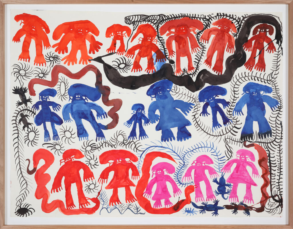 Nyunmanu – mangarri tjuṯa, pilkaṯi anta rumiya (all the bush food and the snake and goanna) - Painting - Doris Bush Nungarrayi